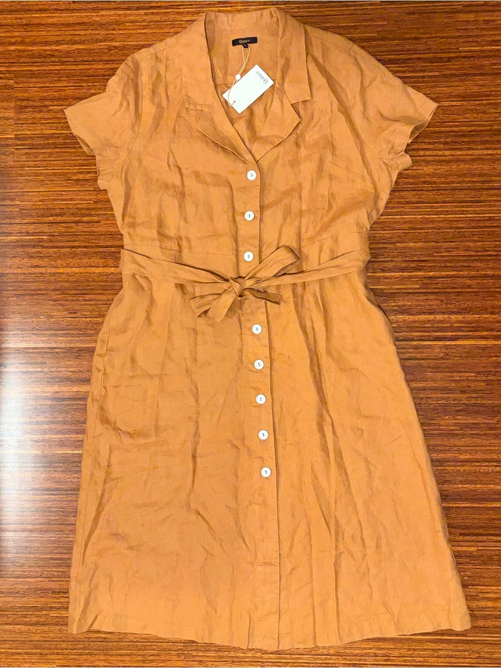 Quince 100% Linen Button Front Midi Dress Terracotta effortless style